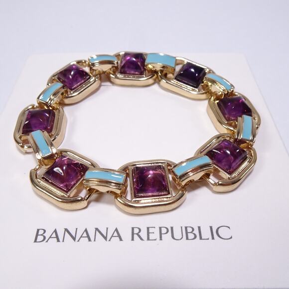 NWT 68 Banana Republic Gold Purple Stone Blue Enamel Link Clasp Bracelet - Picture 2 of 7